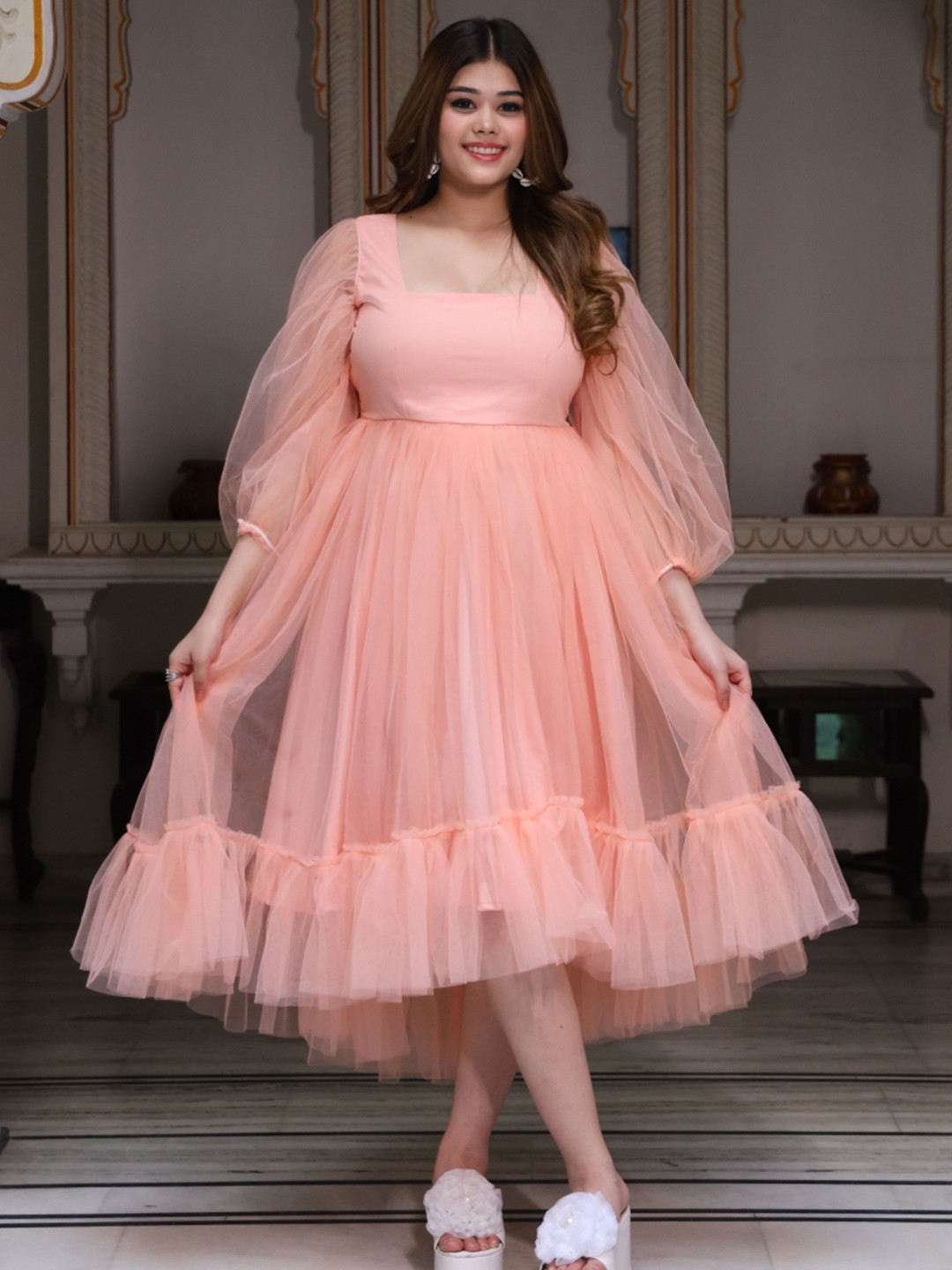 

Swadeshi Shringaar women Puff Sleeve Gathered Net Plus Size Fit & Flare Midi Dress, Peach