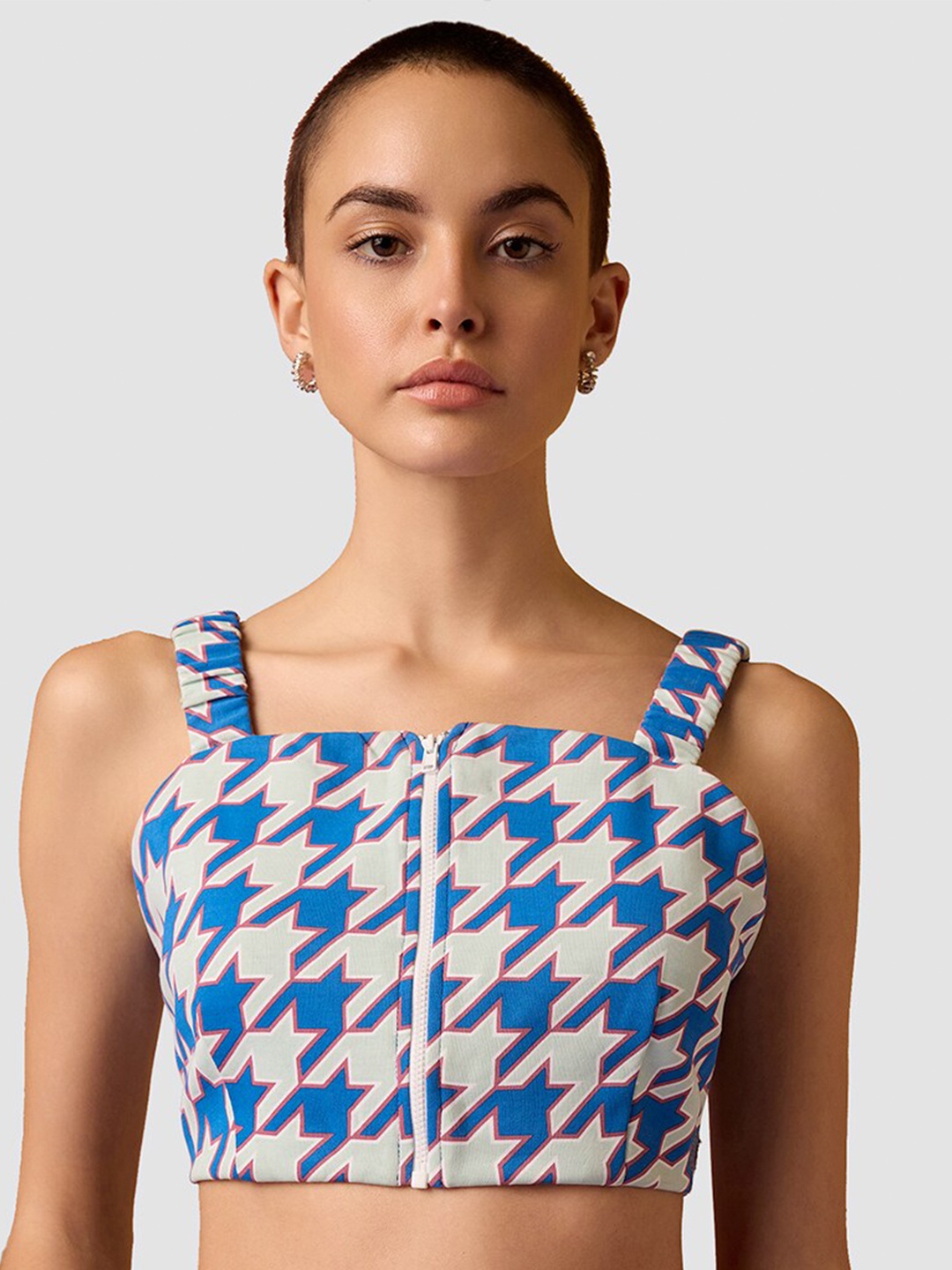 

Muvazo Houndstooth Print Crop Top, Blue