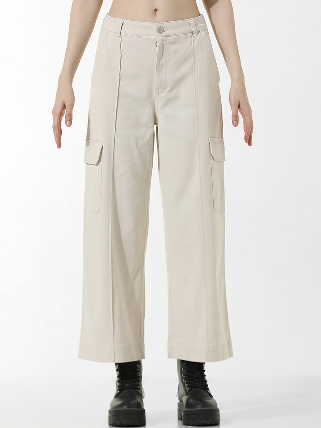 

ONLY Women High-Rise Cotton Regular Trousers, Cream