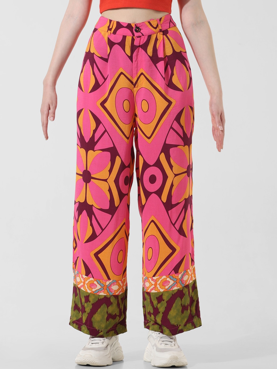 

ONLY Women Printed High-Rise Parallel Trousers, Pink