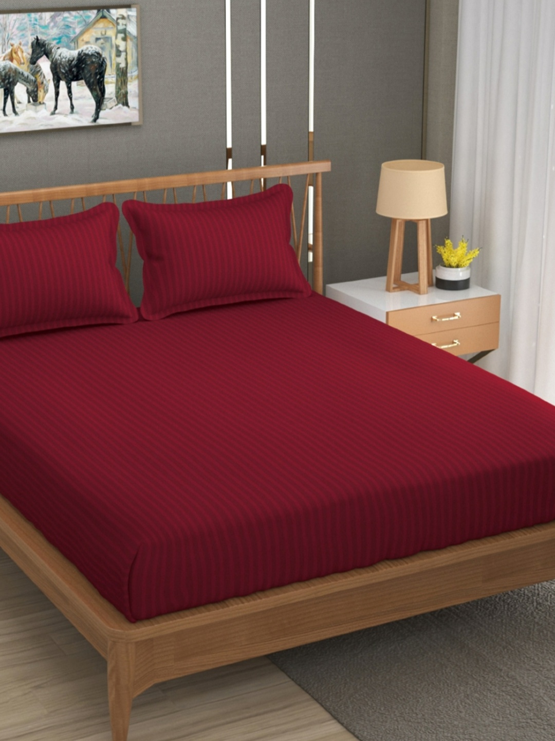 

UrbanArts Maroon Striped 200 TC King Bedsheet With 2 Pillow Cover