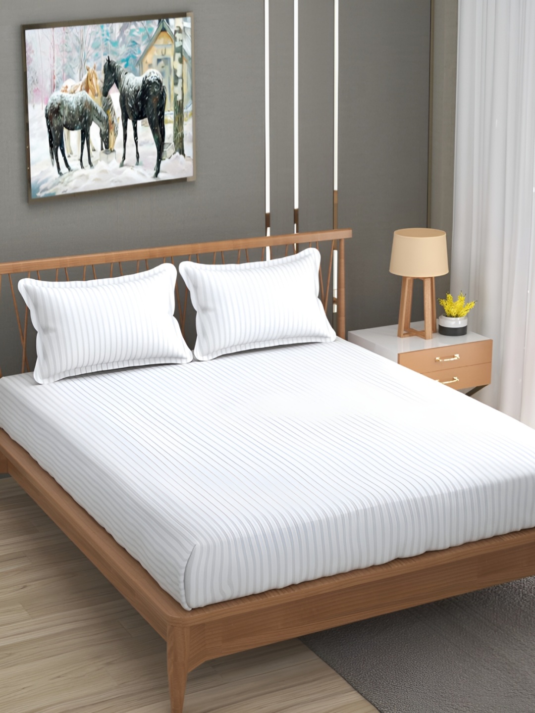 

UrbanArts White Striped 200 TC King Bedsheet With 2 Pillow Covers