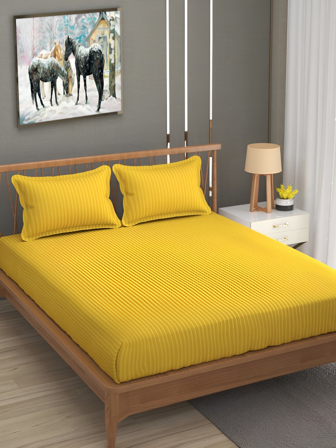 

UrbanArts Yellow Striped 200 TC King Bedsheet With 2 Pillow Covers