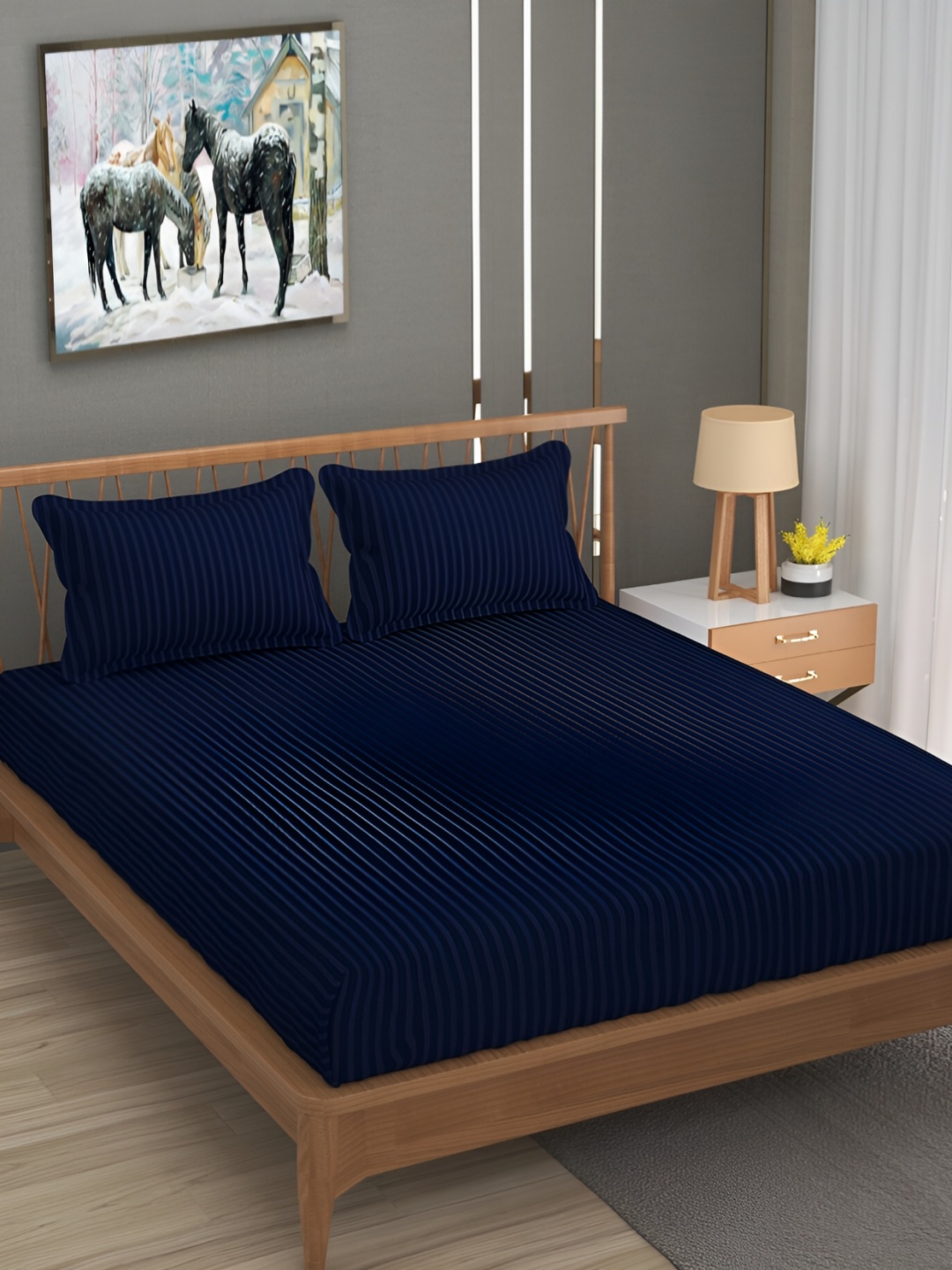

UrbanArts Navy Blue Striped 200 TC King Bedsheet With 2 Pillow Covers