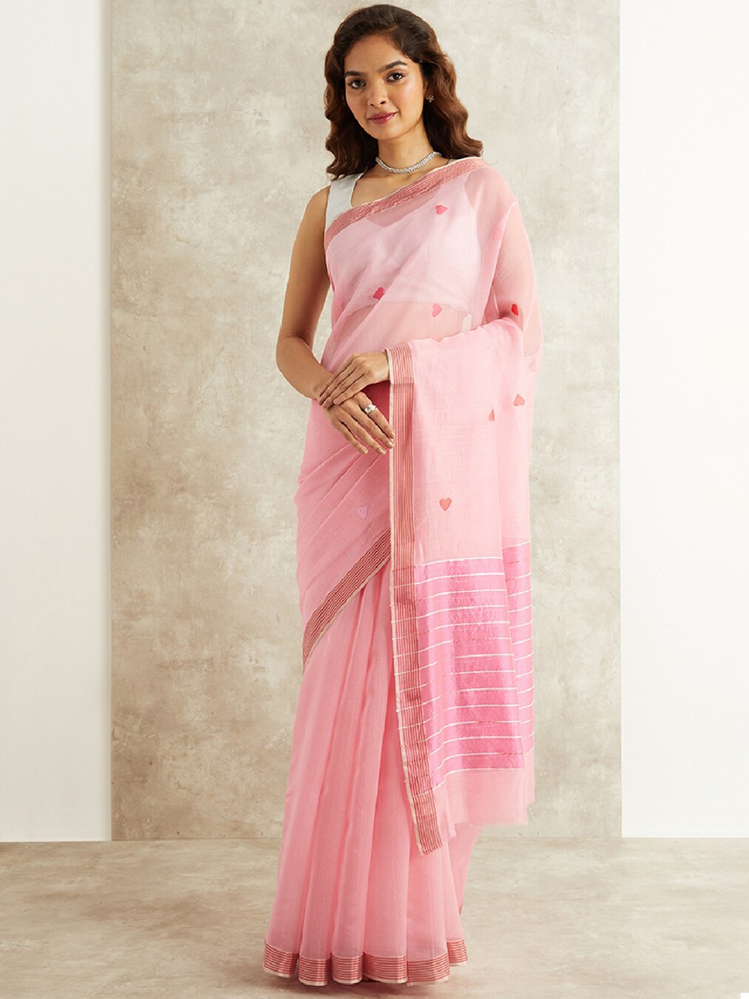 

Taneira Geometric Printed Silk Cotton Eknaliya Chanderi Saree, Pink