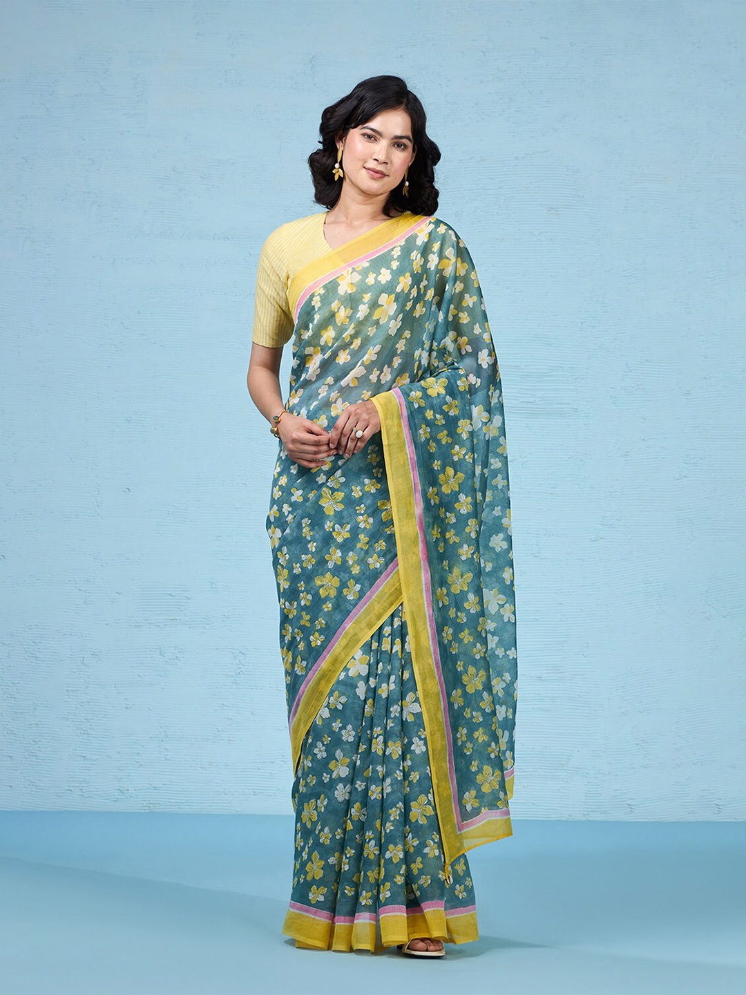 

Taneira Floral Printed Silk Cotton Rajasthan Sanganeri Saree, Green