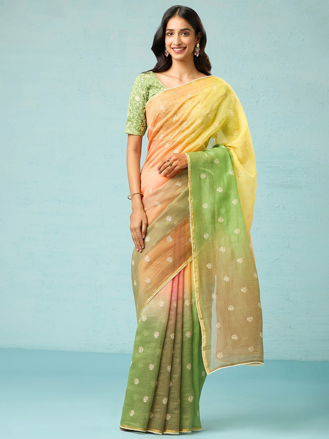 

Taneira Floral Embroidered Saree, Green