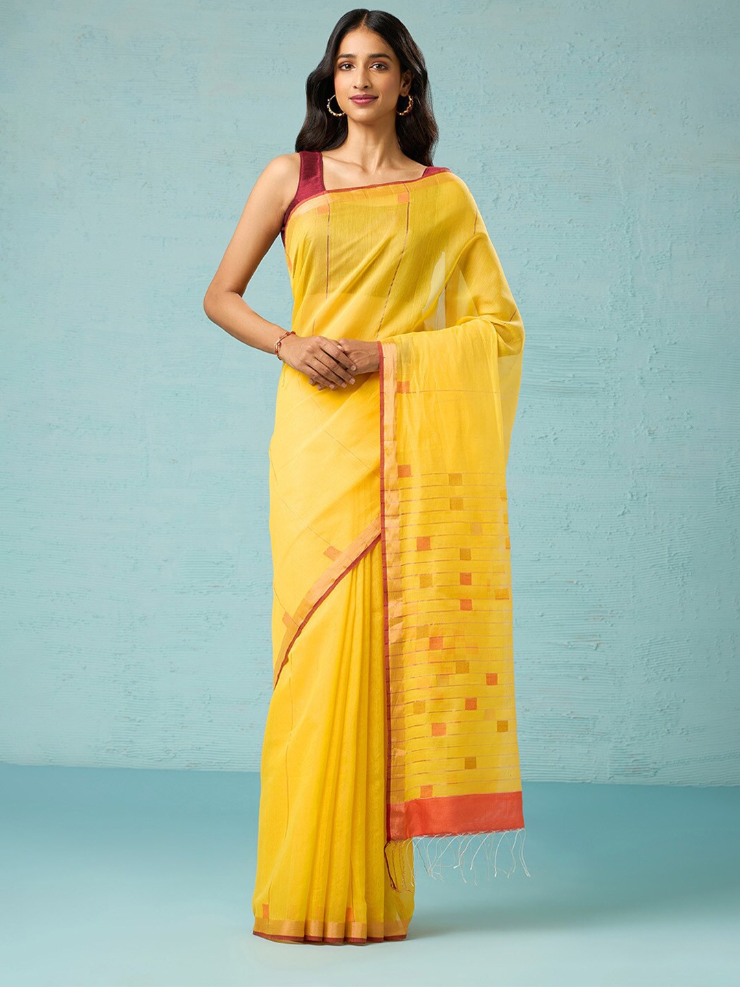 

Taneira Geometric Woven Design Saree, Yellow