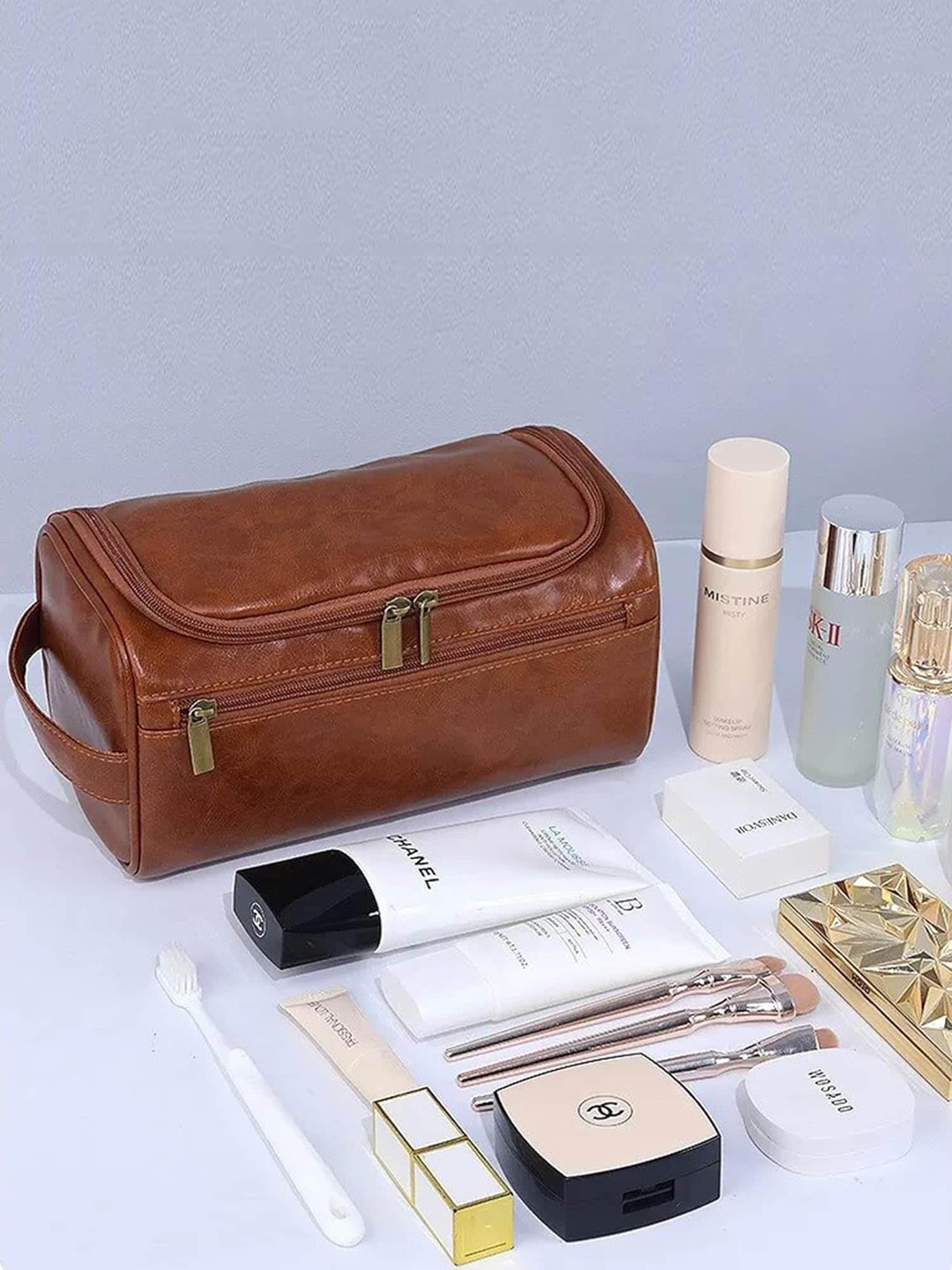 

ZEVORA Waterproof Leather Vanity Bag Travel Accessory, Brown