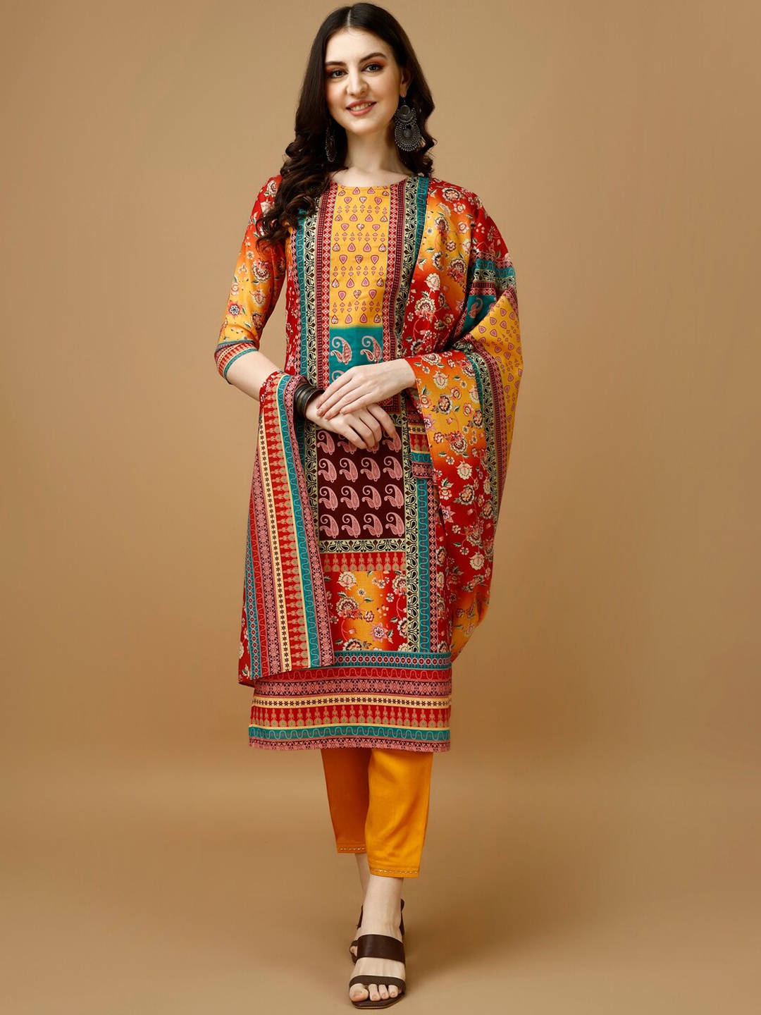 

KALINI Ethnic Motifs Printed Thread Work Straight Kurta with Trousers & Dupatta, Yellow