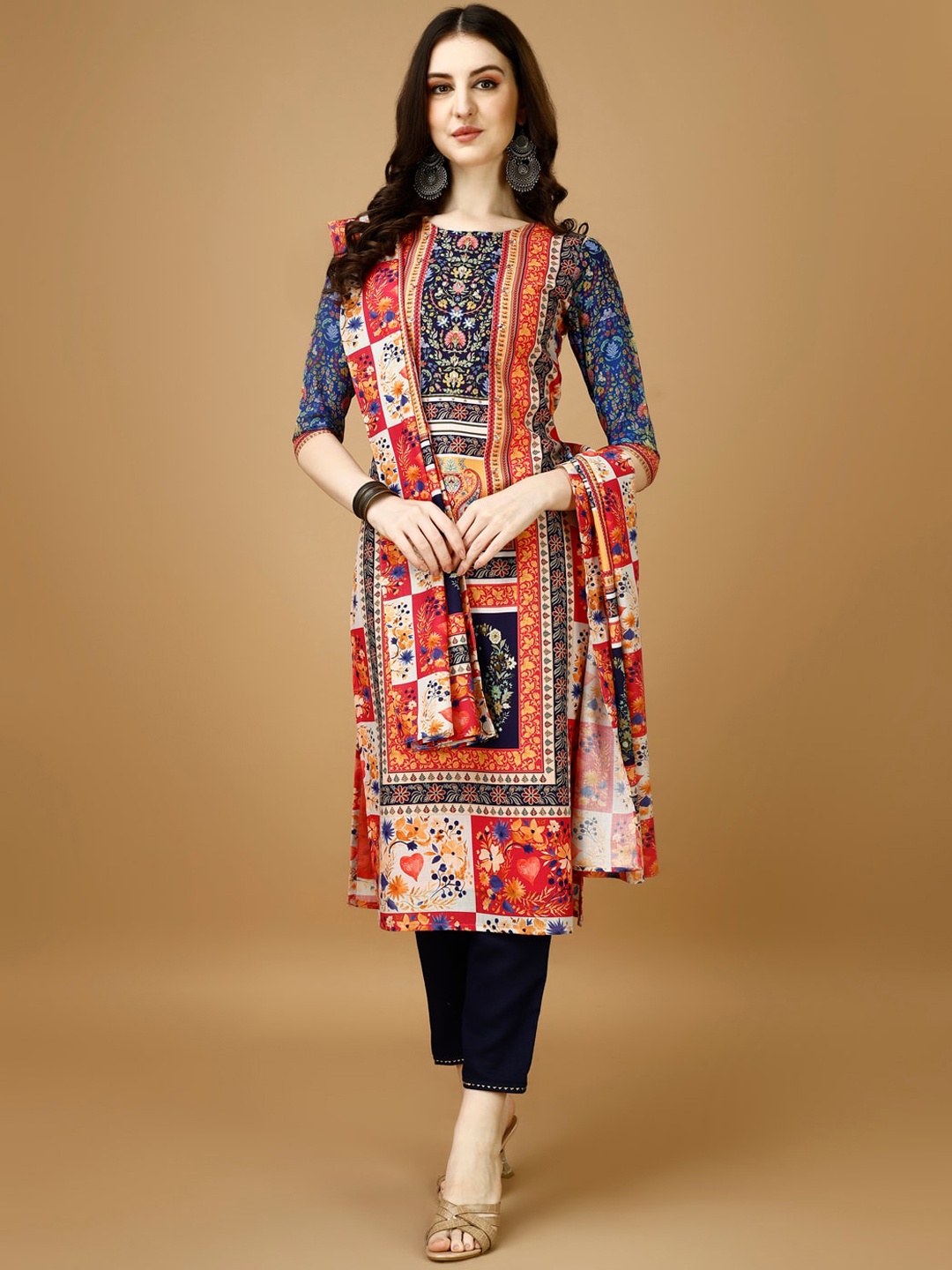 

KALINI Floral Printed Thread Work Straight Kurta with Trousers & Dupatta, Orange