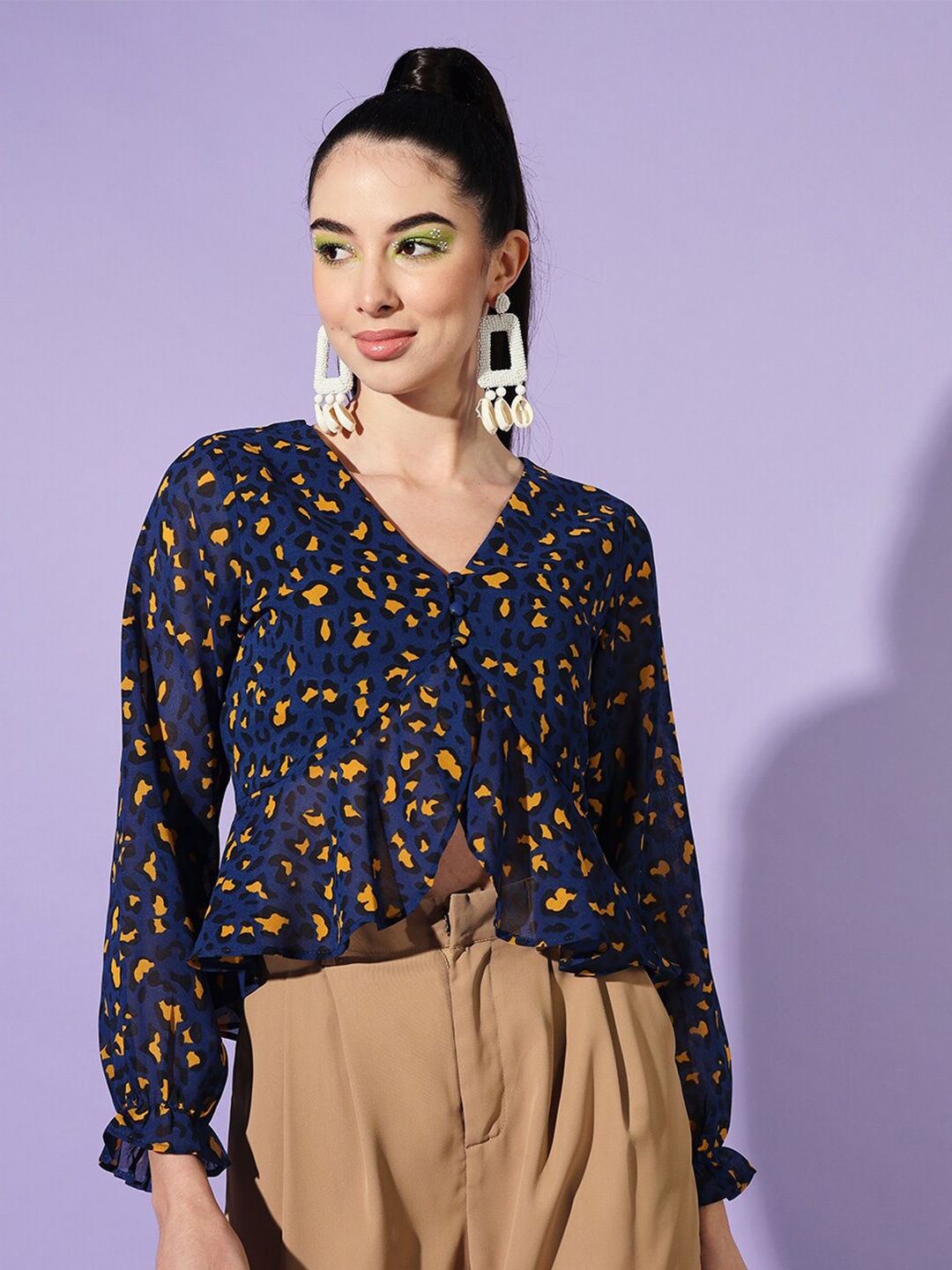 Slenor Abstract Printed V-Neck Georgette Top, Navy blue