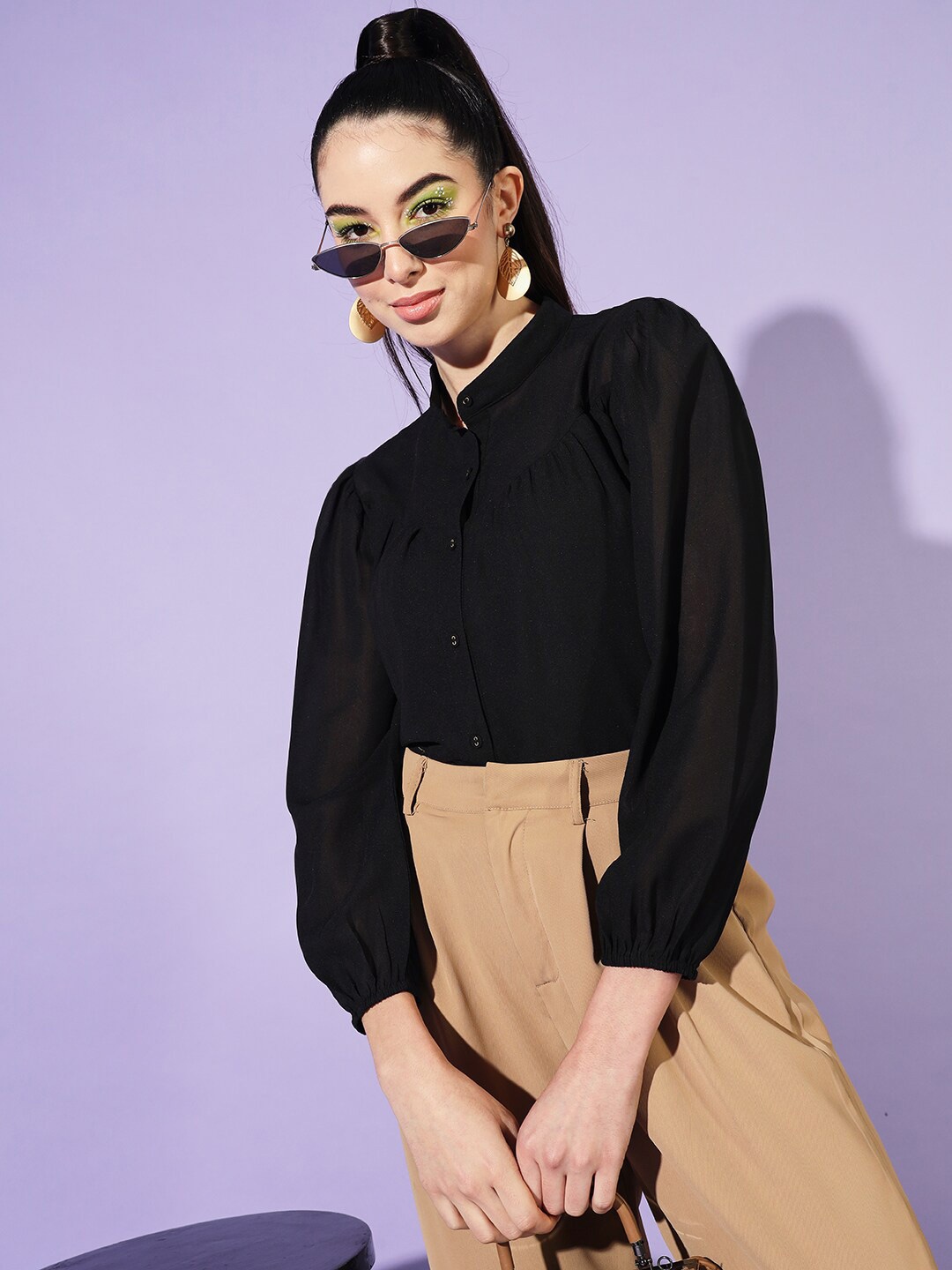

Slenor Band Collar Shirt Style Top, Black