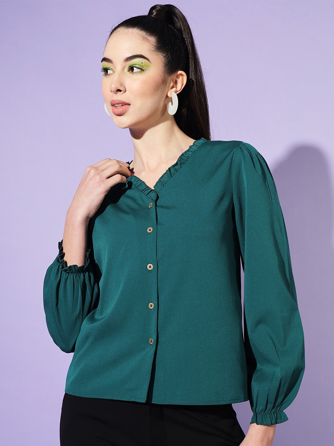 

Slenor Puff Sleeves Shirt Style Top, Teal