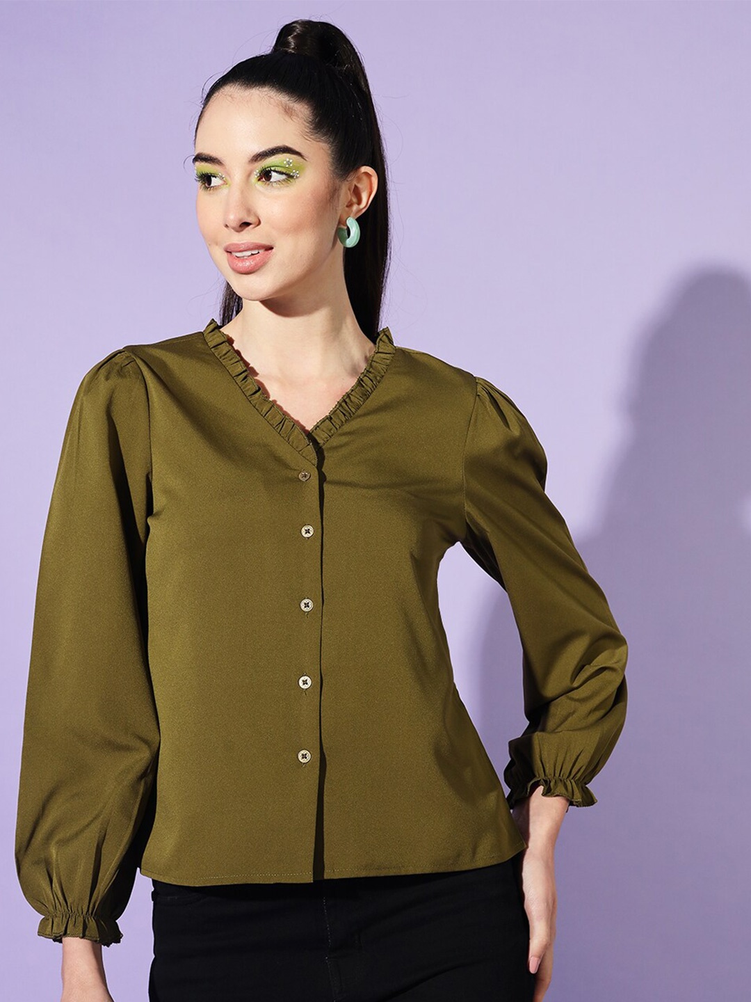 

Slenor Puff Sleeves Shirt Style Top, Olive