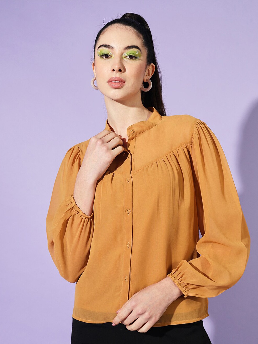 

Slenor Band Collar Shirt Style Top, Yellow