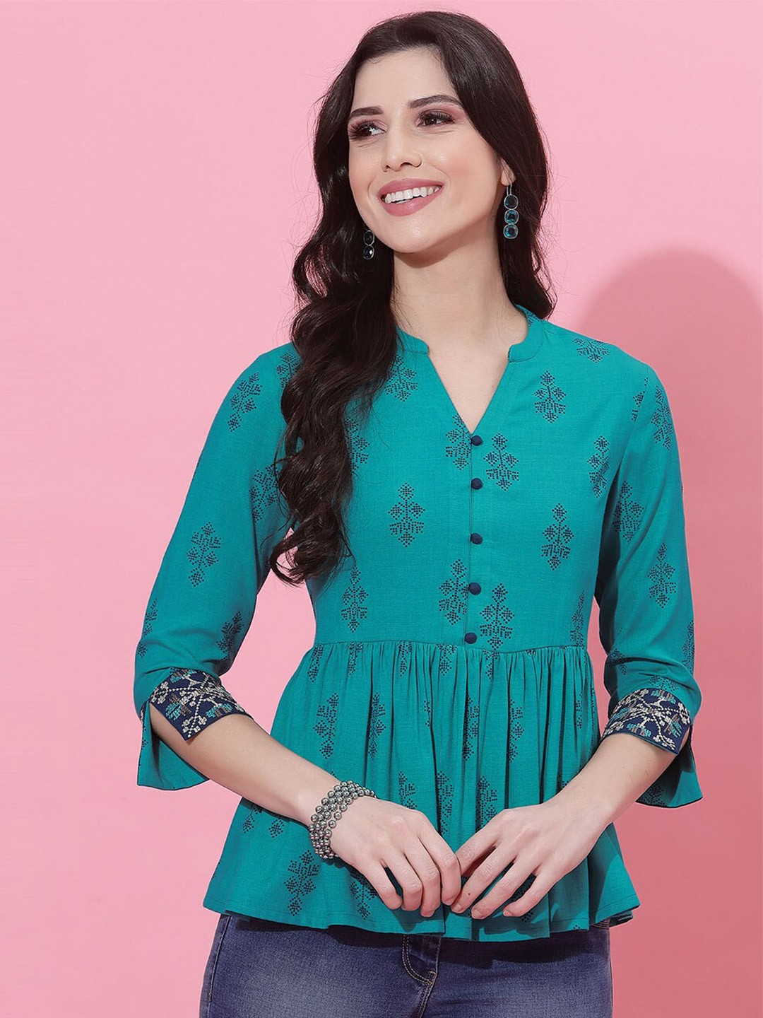 

Selvia Floral Print Mandarin Collar PLeated Peplum Top, Turquoise blue