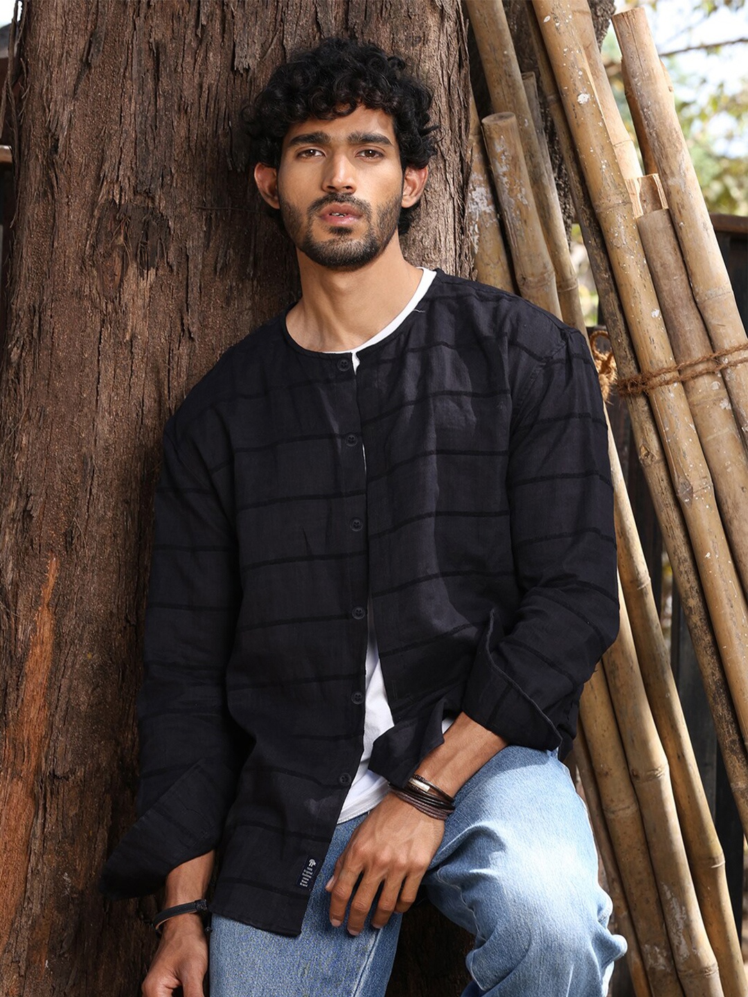 

The Roadster Lifestyle Co. Black Oversized Horizontal Striped Collarless Pure Cotton Shirt