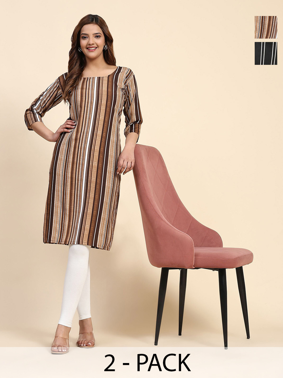 

Phenav Selection Of 2 Striped Kurtas, Brown