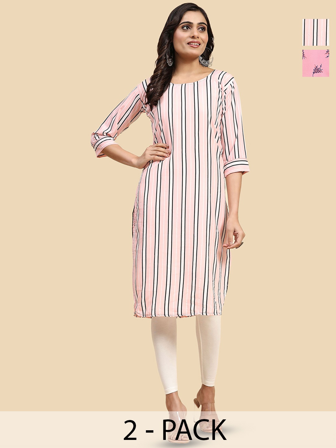 

Phenav Selection Of 2 Striped Straight Kurta, Pink