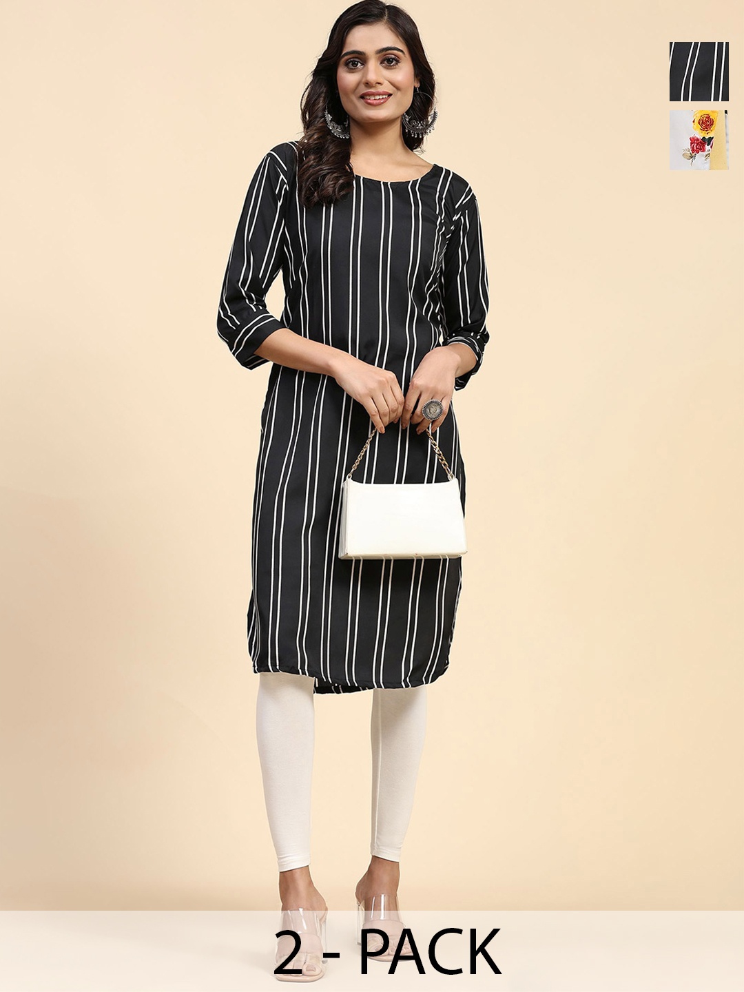 

Phenav Pack Of 2 Floral Printed Crepe Kurta, Black