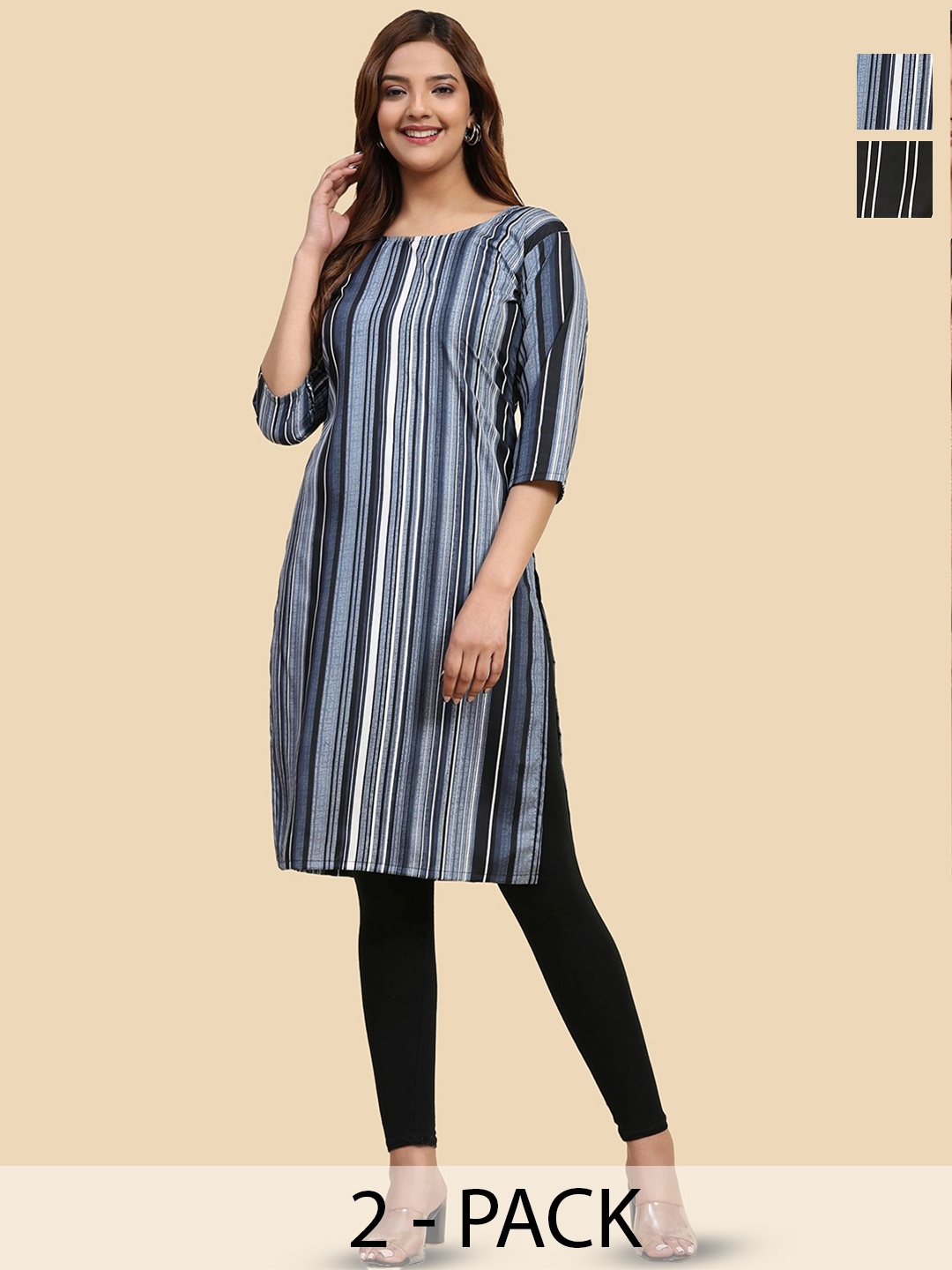 

Phenav Selection Of 2 Striped Round Neck Crepe Straight Kurta, Black
