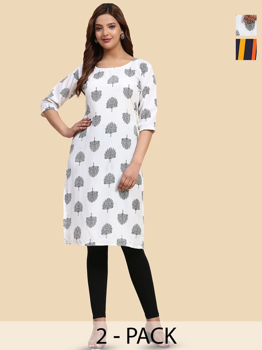 

Phenav Selection Of 2 Printed Round Neck Kurtas, White