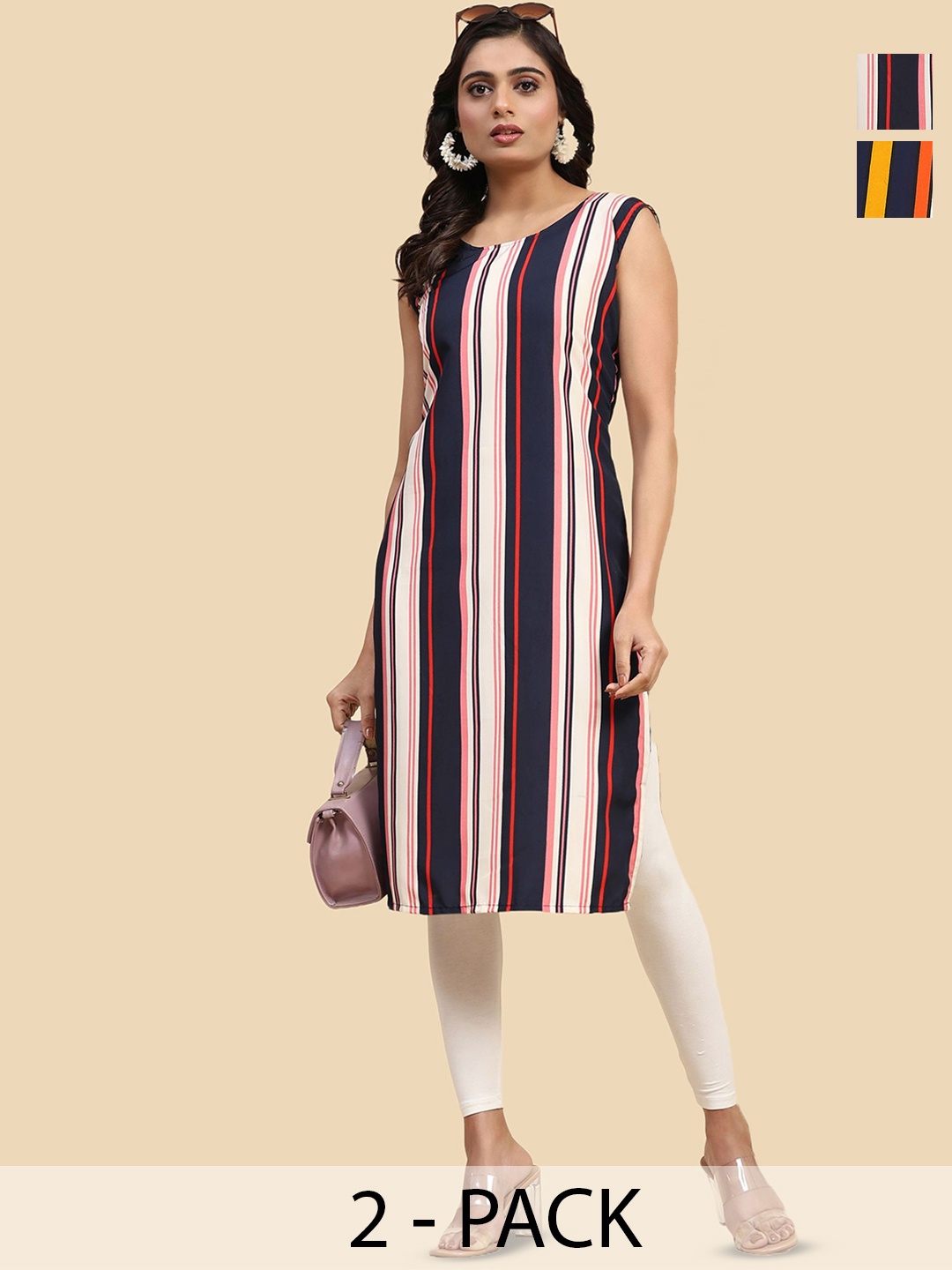 

Phenav Selection Of 2 Striped Pure Crepe Straight Kurtas, Blue