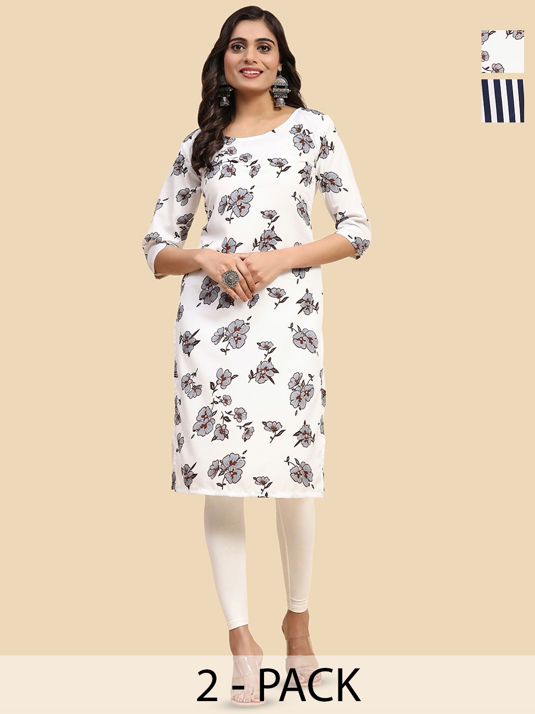 

Phenav Pack Of 2 Floral Printed Crepe Straight Kurta, White