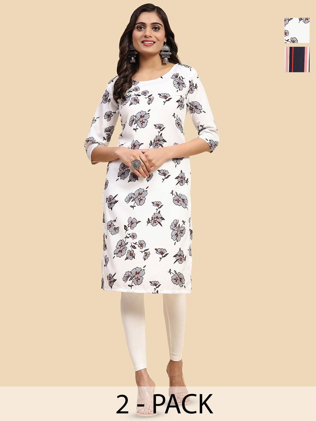 

Phenav Selction Of 2 Floral Printed Straight Kurtas, White