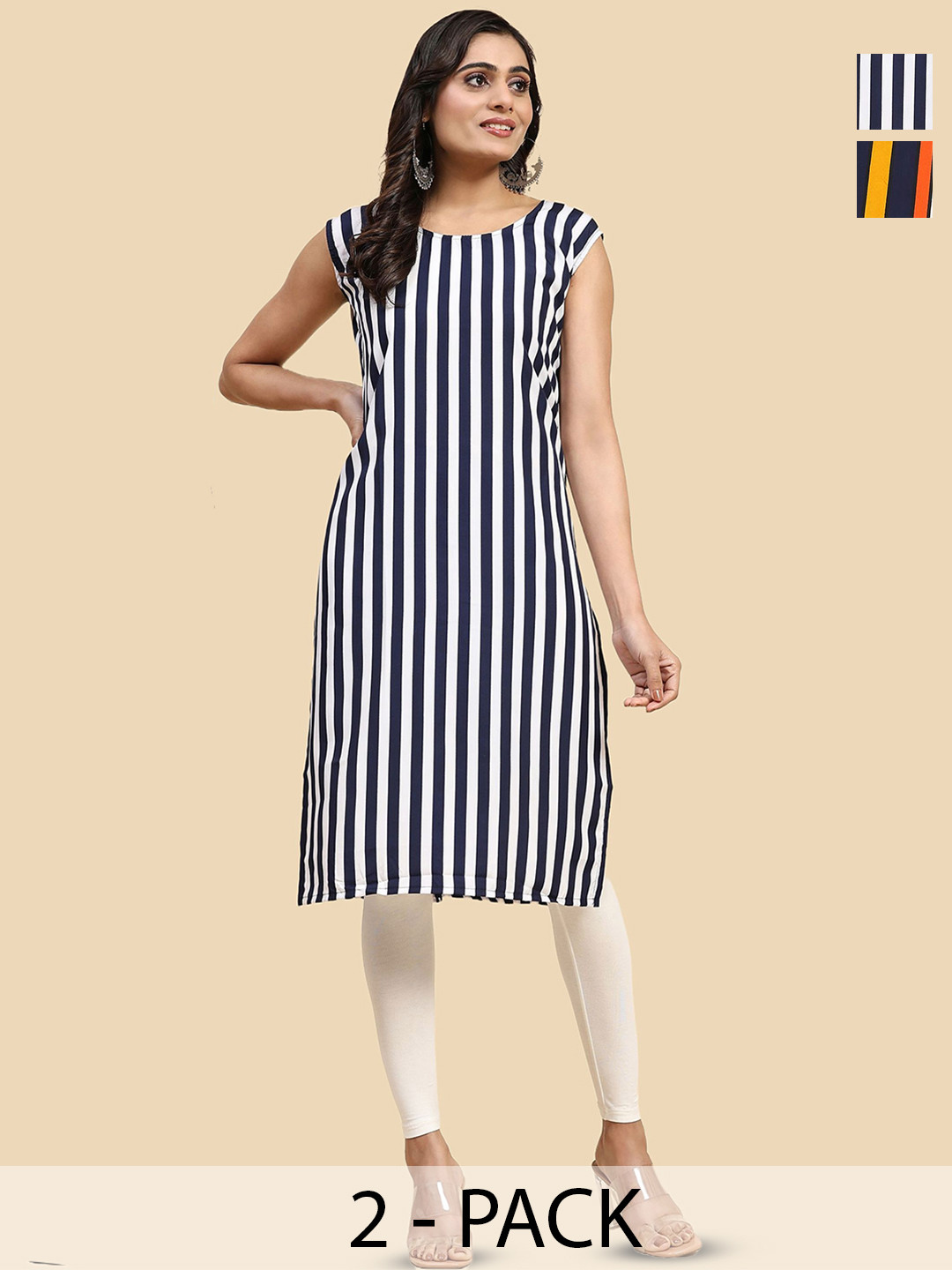 

Phenav Selection Of 2 Striped Straight Kurtas, Black