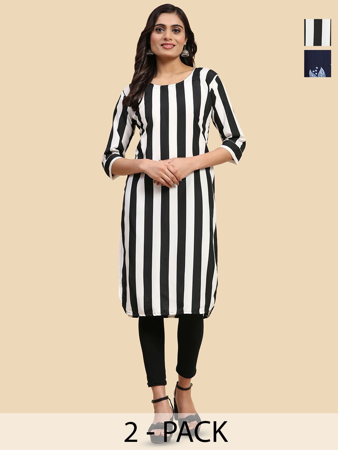 

Phenav Pack of 2 Striped Printed Crepe Strigth Kurta, Black