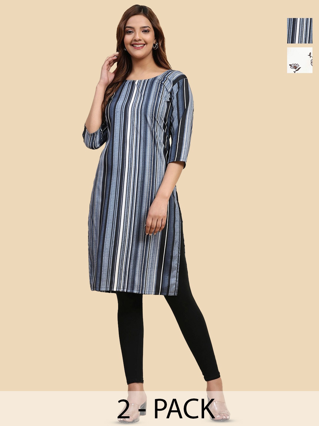 

Phenav Selection Of 2 Striped Round Neck Crepe Straight Kurta, Grey