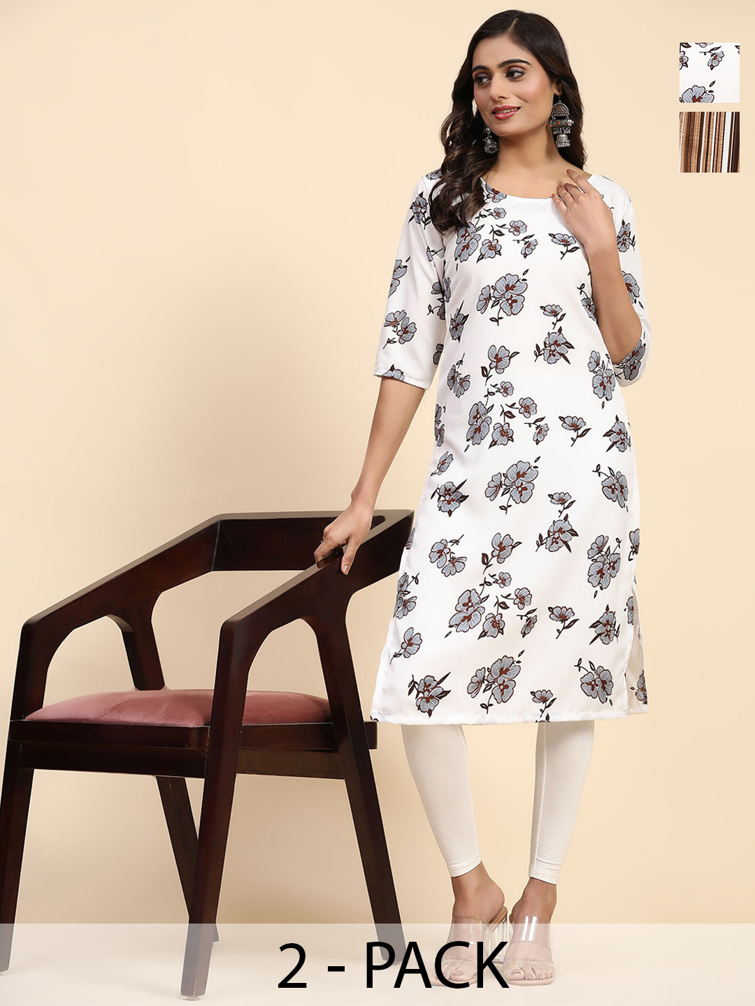 

Phenav Pack Of 2 Floral Printed Straight Kurta, White