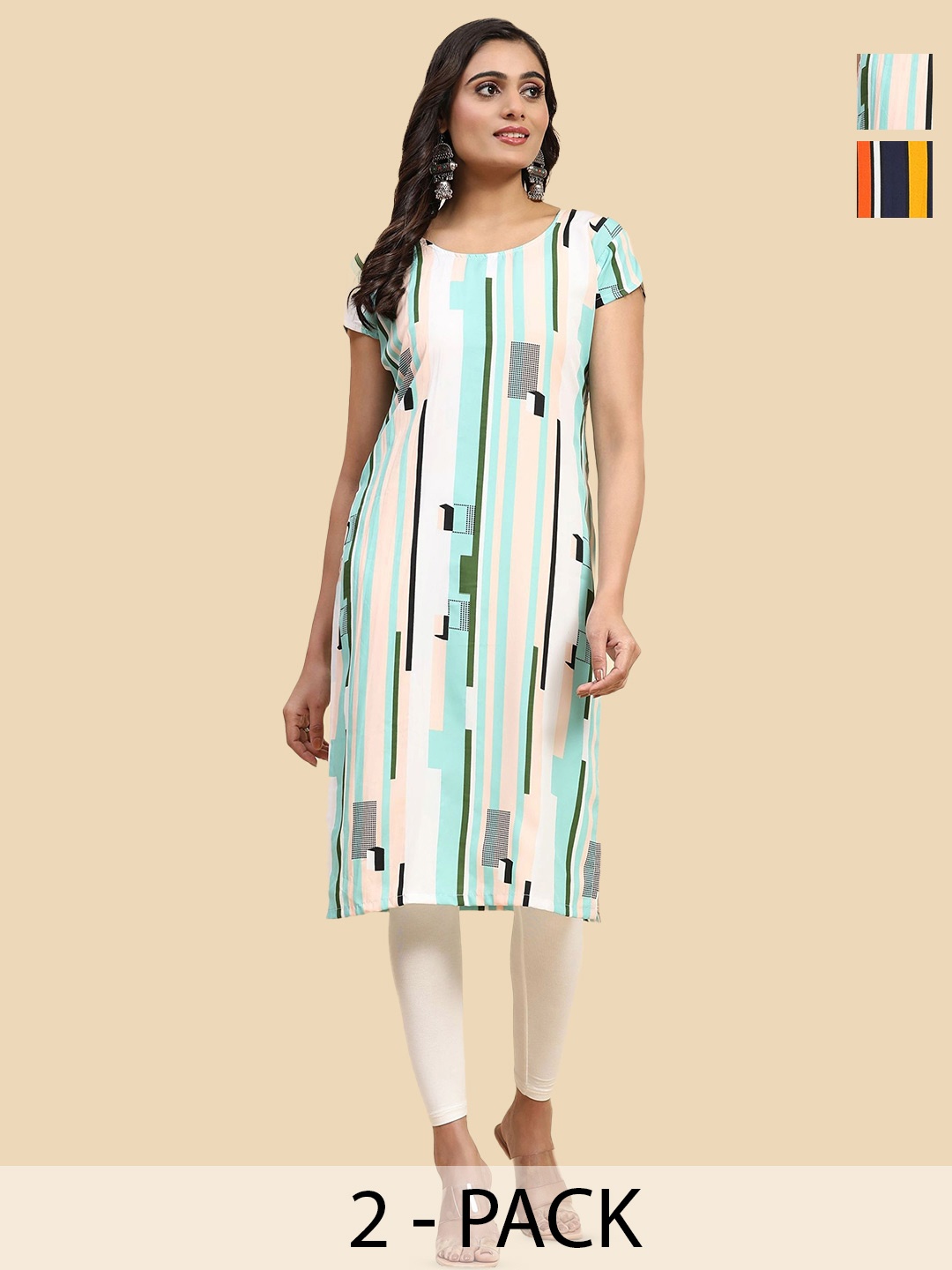 

Phenav Selection Of 2 Striped Round Neck Crepe Straight Kurta, White