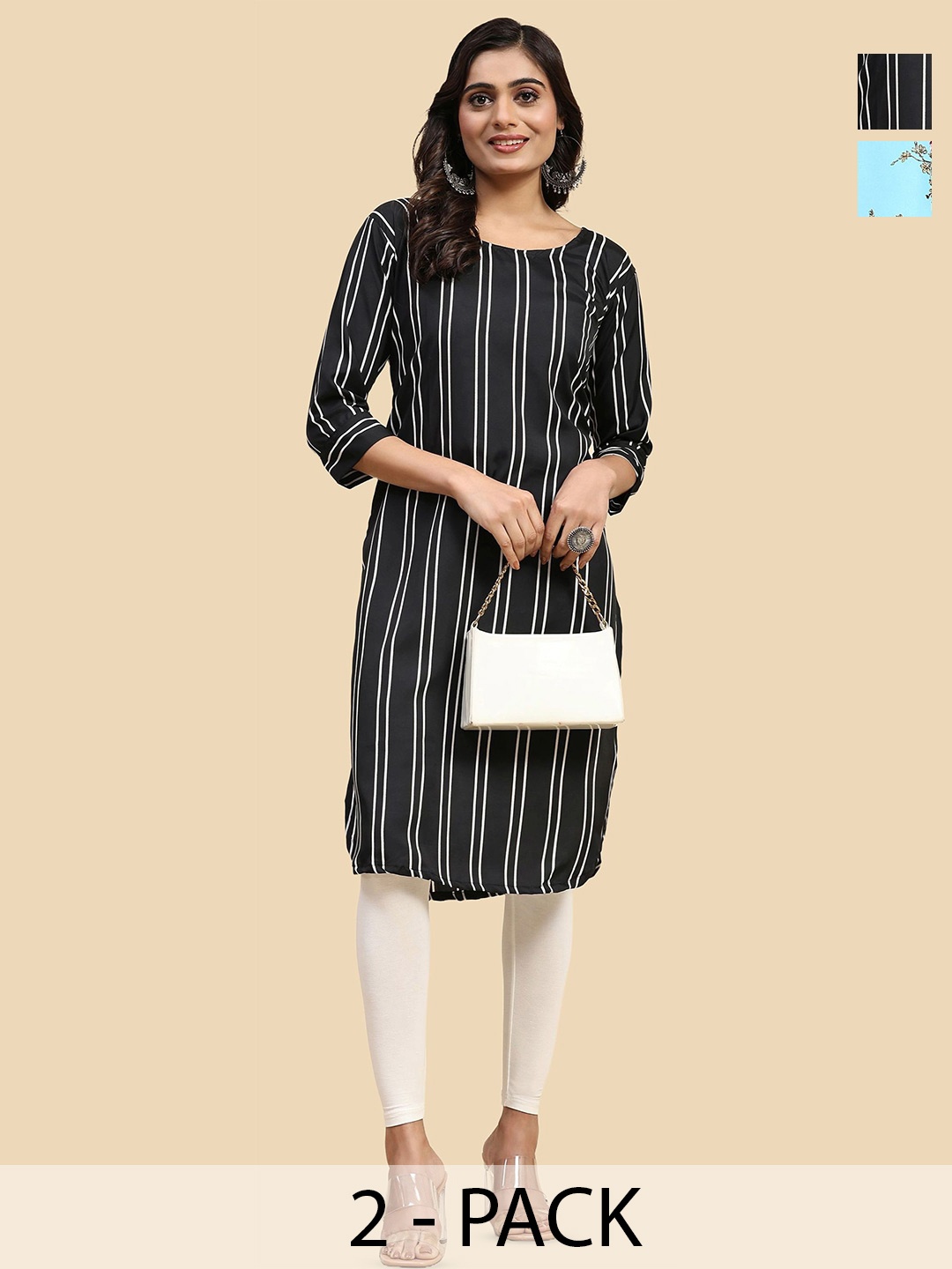 

Phenav Selection Of 2 Printed Round Neck Kurtas, Black
