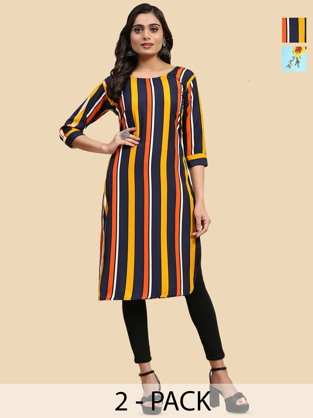 

Phenav Pack Of 2 Printed Round Neck Strigth Kurtas, Black