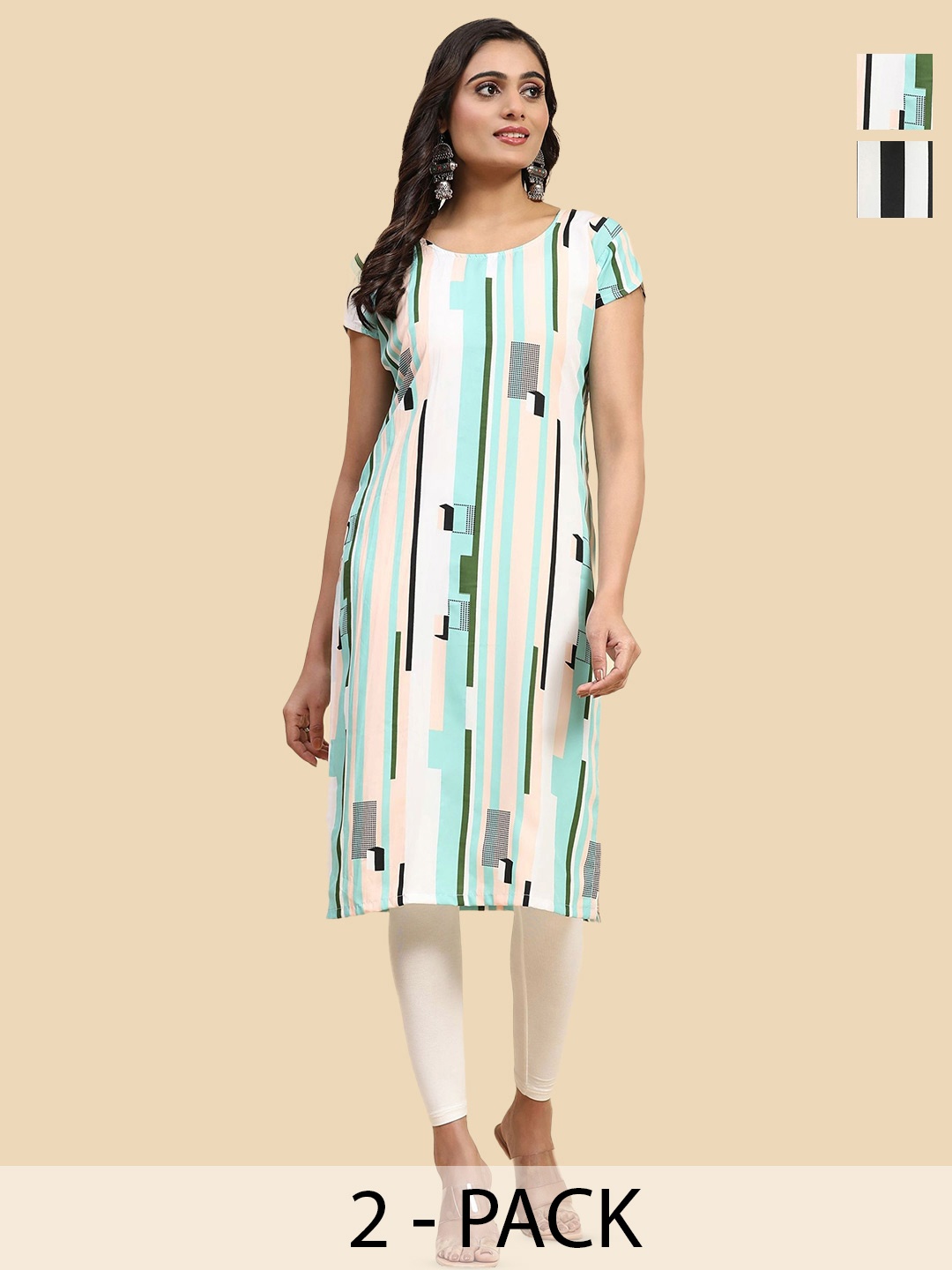 

Phenav Pack Of 2 Striped Crepe Straight Kurtas, White