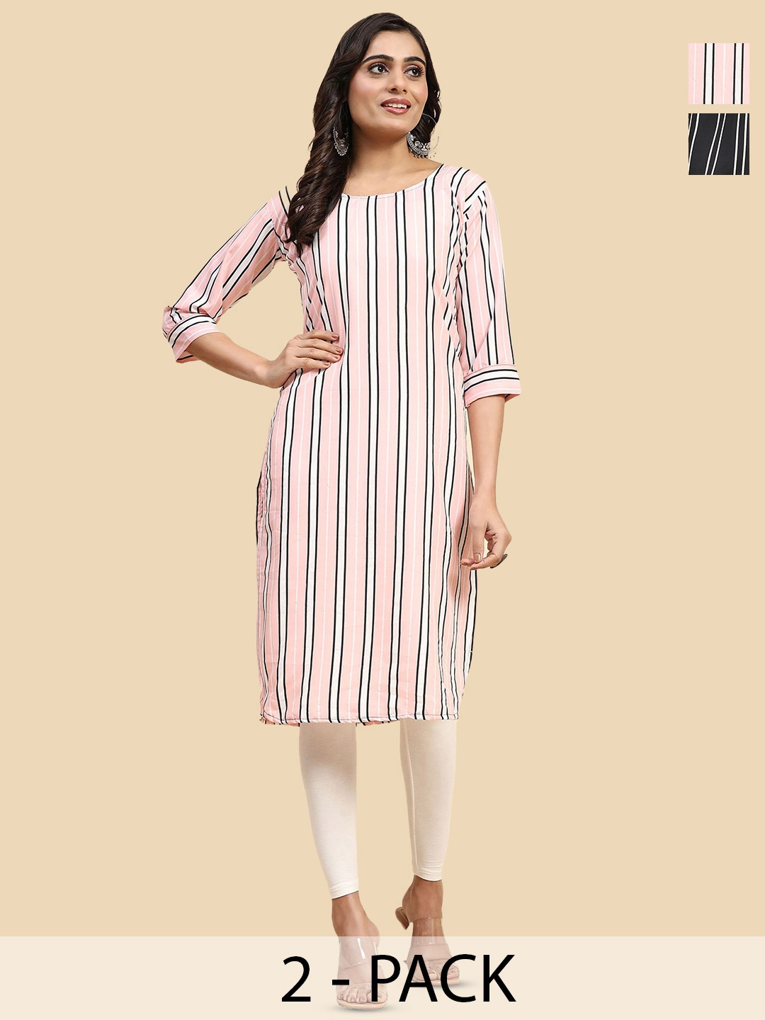 

Phenav Selection Of 2 Striped Round Neck Crepe Straight Kurta, Pink
