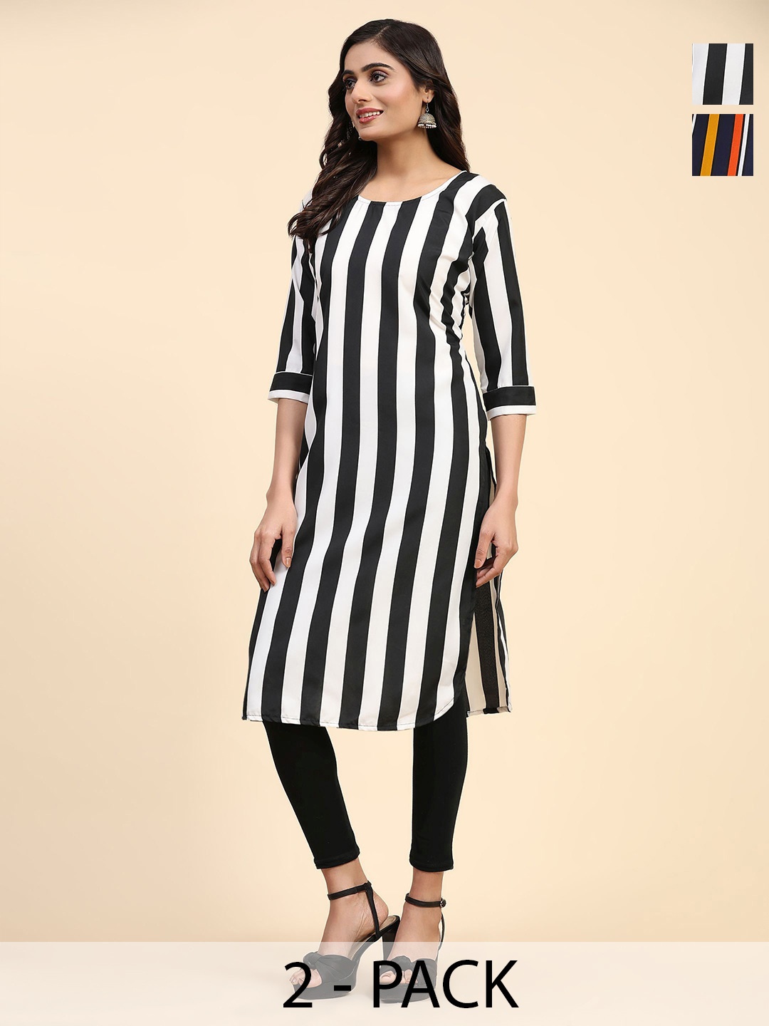 

Phenav Selection Of 2 Striped Crepe Straight Kurtas, Black