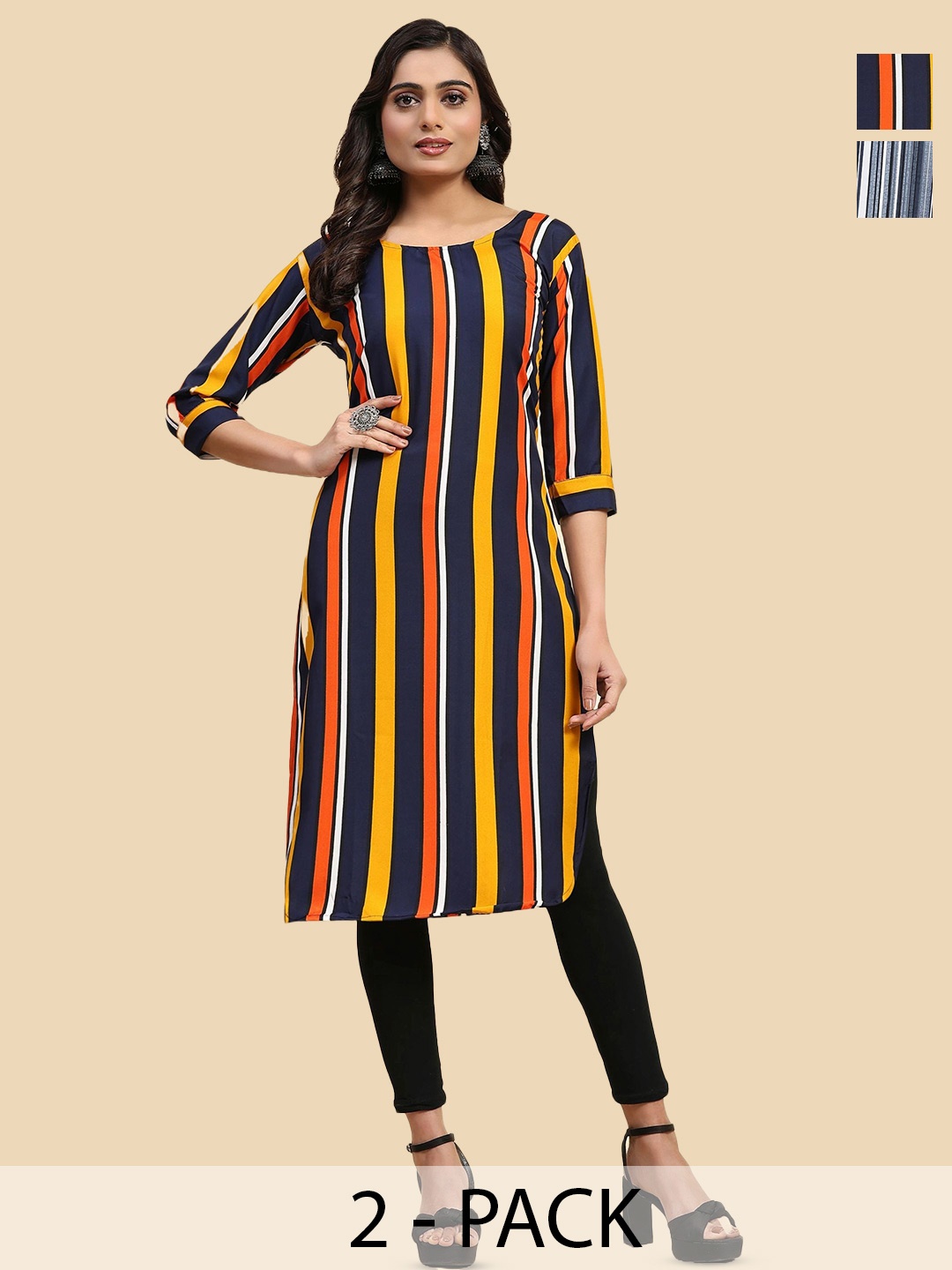 

Phenav Selection Of 2 Striped Straight Kurta, Black