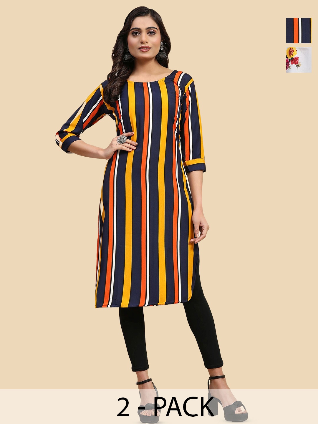 

Phenav Pack Of 2 Striped Crepe Straight Kurtas, Yellow
