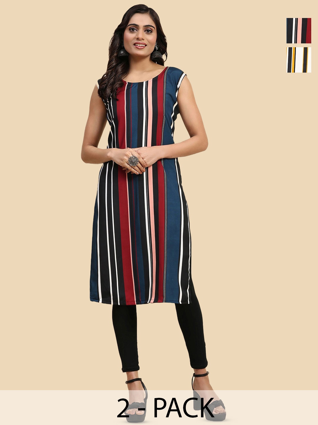 

Phenav Selection Of 2 Striped Round Neck Crepe Straight Kurta, Mustard