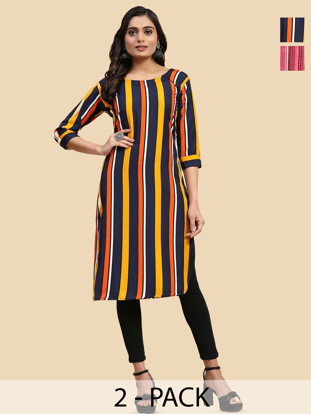 

Phenav Pack Of 2 Striped Crepe Straight Kurtas, Yellow