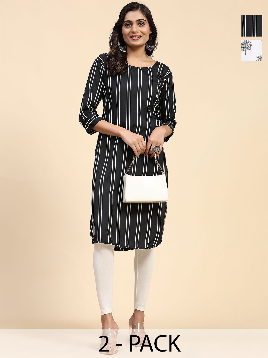 

Phenav Pack Of 2 Striped Crepe Straight Kurta, Black