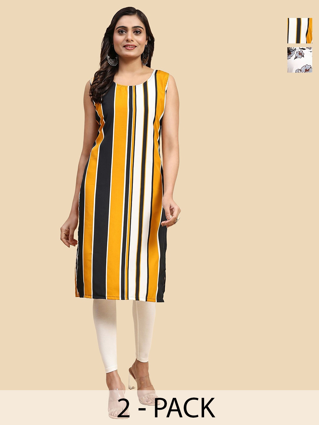 

Phenav Pack Of 2 Striped Round Neck Strigth Kurtas, Yellow