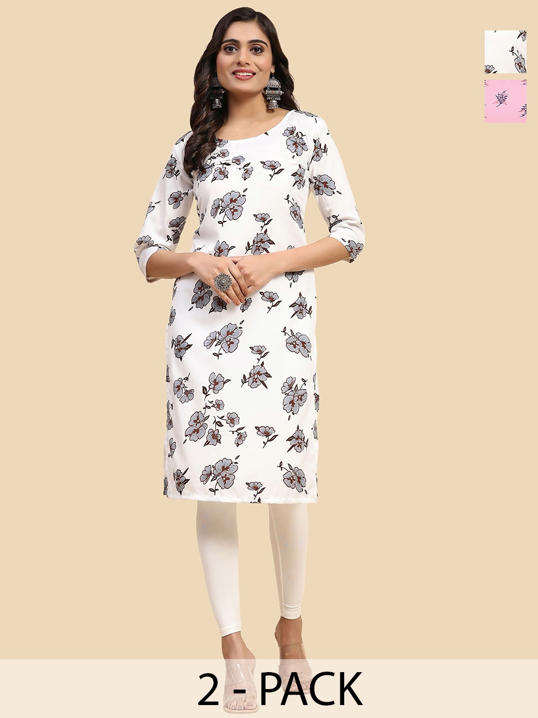 

Phenav Pack Of 2 Floral Printed Round Neck Kurtas, White