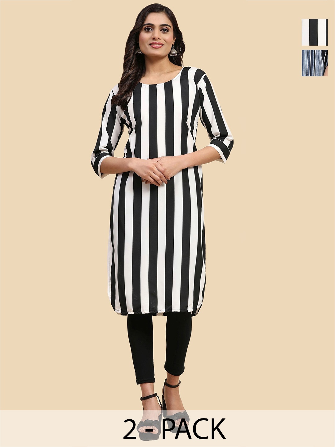 

Phenav Pack Of 2 Striped Round Neck Strigth Kurtas, White