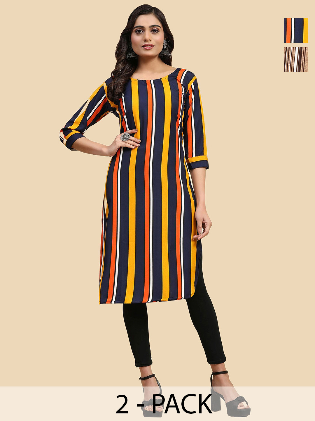 

Phenav Selection Of 2 Striped Round Neck Kurtas, Navy blue