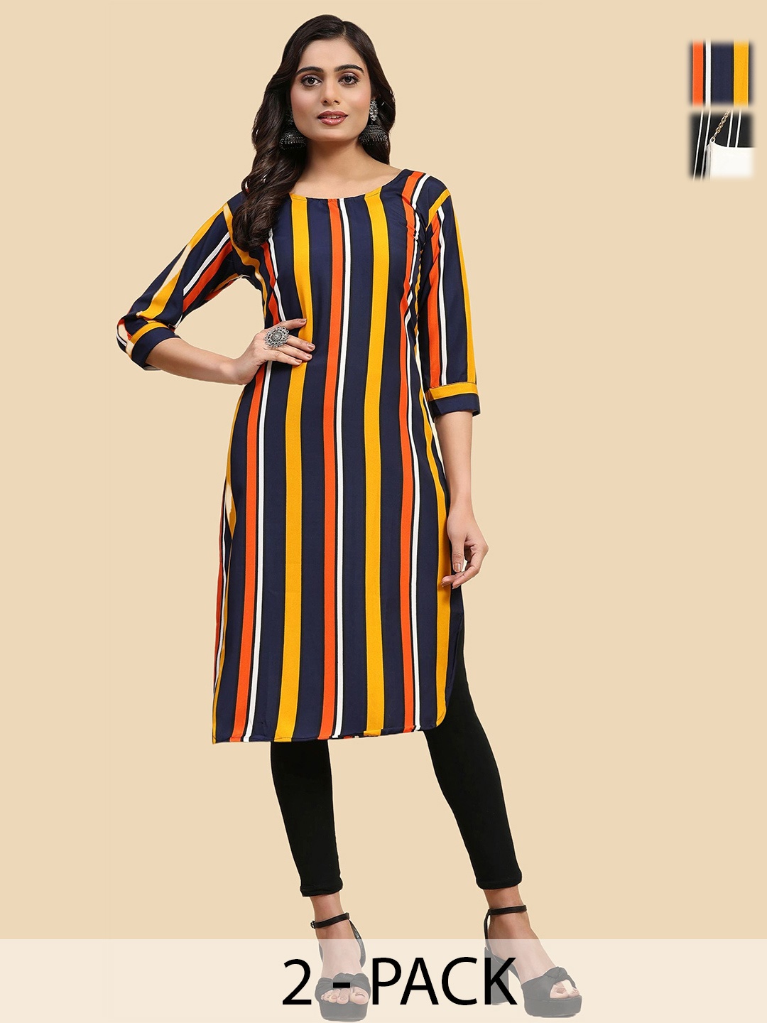 

Phenav Selection Of 2 Striped Kurti, Navy blue